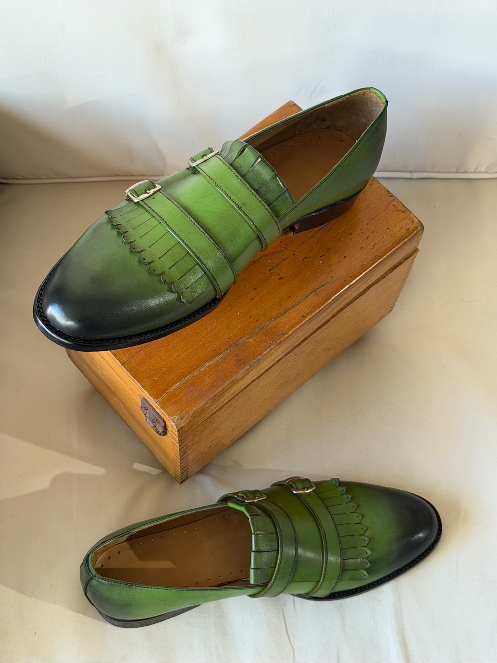 (NEW) Artisan Green Leather Double Monk Strap Loafers | 2 Tone | Size 10.5-11.5